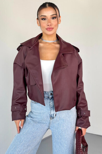 CKT-1004 Bordo Suni Deri Kruvaze Yaka Tokalı Kol Detaylı Cropped Ceket - 5