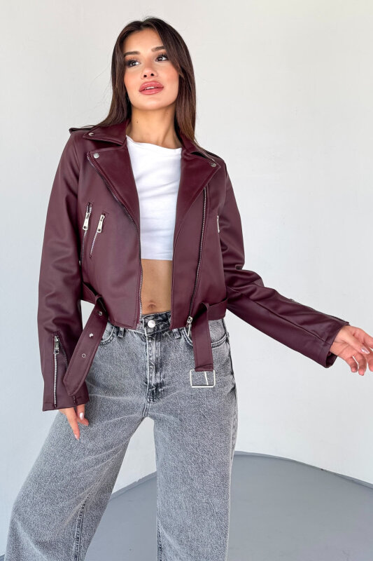 CKT-12047 Bordo Suni Deri Kemerli Biker Ceket - 2