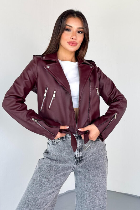 CKT-12047 Bordo Suni Deri Kemerli Biker Ceket - 3