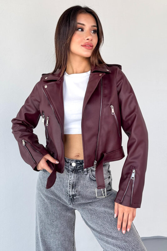 CKT-12047 Bordo Suni Deri Kemerli Biker Ceket - 1