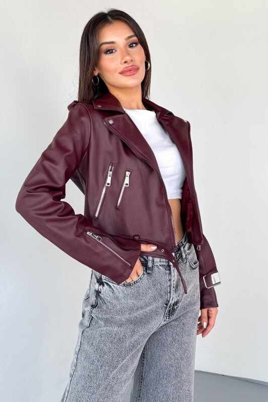 CKT-12047 Bordo Suni Deri Kemerli Biker Ceket - 4