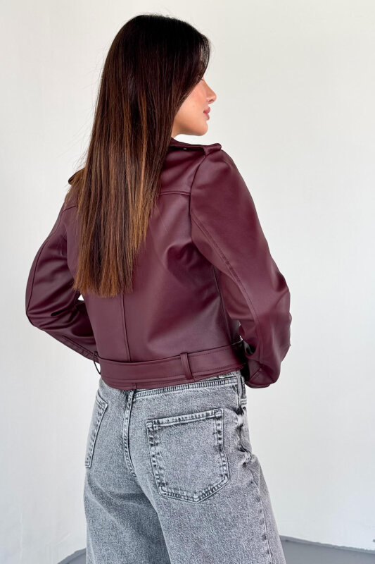 CKT-12047 Bordo Suni Deri Kemerli Biker Ceket - 5