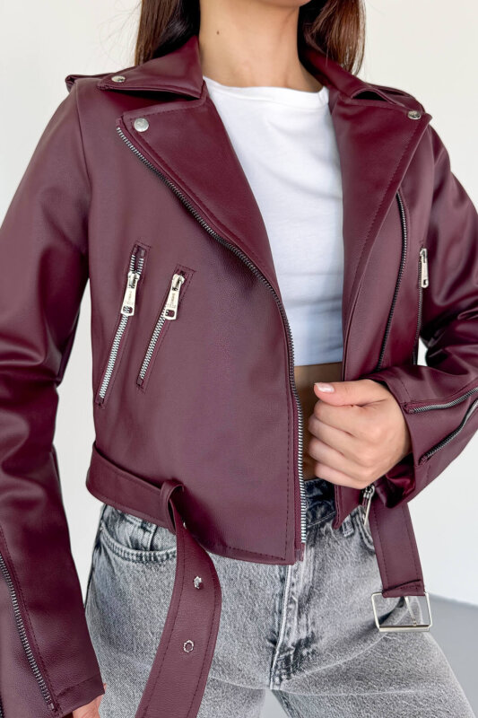 CKT-12047 Bordo Suni Deri Kemerli Biker Ceket - 6