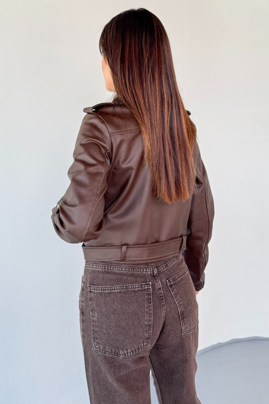 CKT-12047 Kahverengi Suni Deri Kemerli Biker Ceket - 3