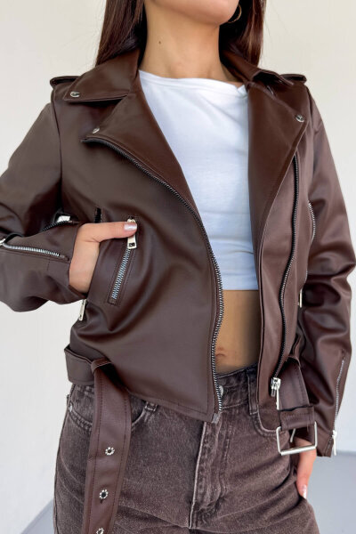 CKT-12047 Kahverengi Suni Deri Kemerli Biker Ceket - 4
