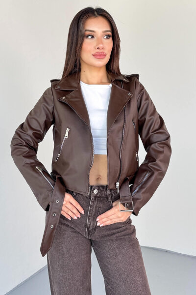 CKT-12047 Kahverengi Suni Deri Kemerli Biker Ceket - 2