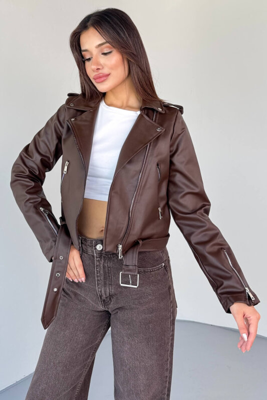 CKT-12047 Kahverengi Suni Deri Kemerli Biker Ceket - 1