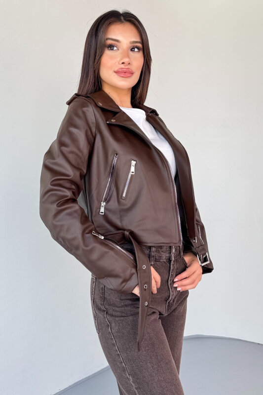CKT-12047 Kahverengi Suni Deri Kemerli Biker Ceket - 5