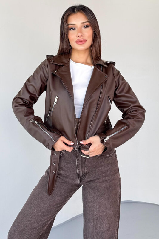CKT-12047 Kahverengi Suni Deri Kemerli Biker Ceket - 6