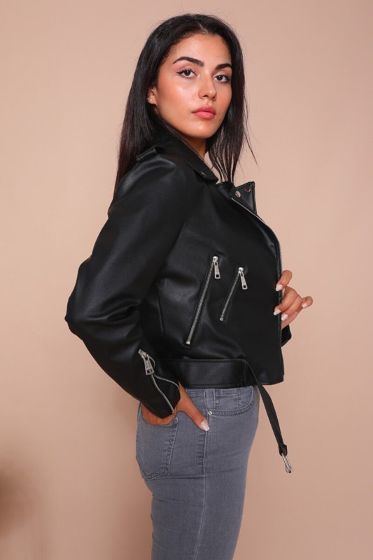 CKT-12047 Siyah Suni Deri Kemerli Biker Ceket - 8