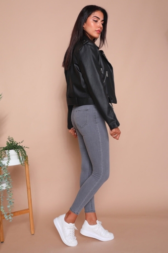 CKT-12047 Siyah Suni Deri Kemerli Biker Ceket - 10