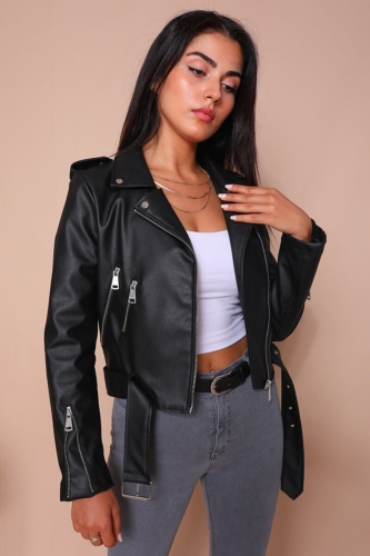 CKT-12047 Siyah Suni Deri Kemerli Biker Ceket - 7