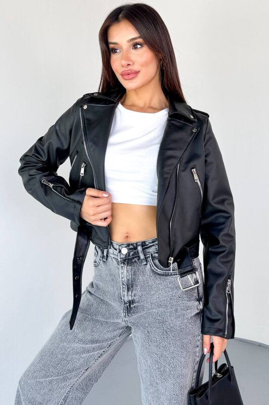 CKT-12047 Siyah Suni Deri Kemerli Biker Ceket - 2