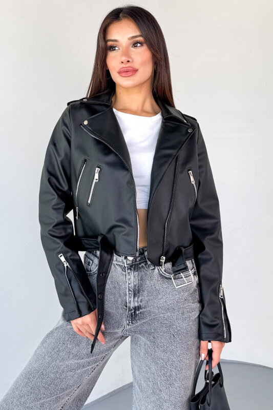 CKT-12047 Siyah Suni Deri Kemerli Biker Ceket - 1