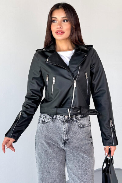 CKT-12047 Siyah Suni Deri Kemerli Biker Ceket - 3