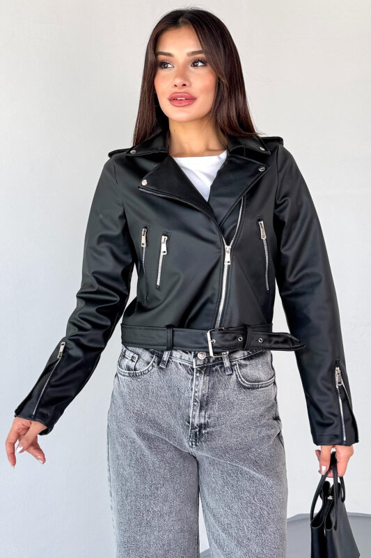 CKT-12047 Siyah Suni Deri Kemerli Biker Ceket - 3