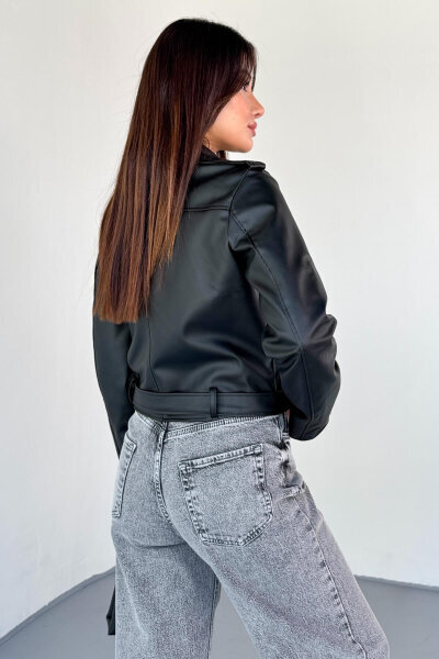 CKT-12047 Siyah Suni Deri Kemerli Biker Ceket - 4