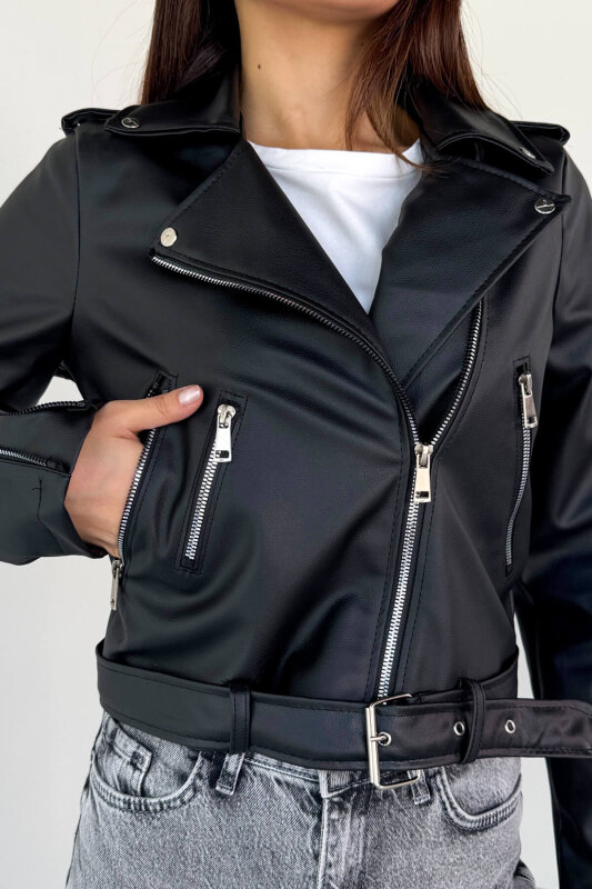 CKT-12047 Siyah Suni Deri Kemerli Biker Ceket - 5