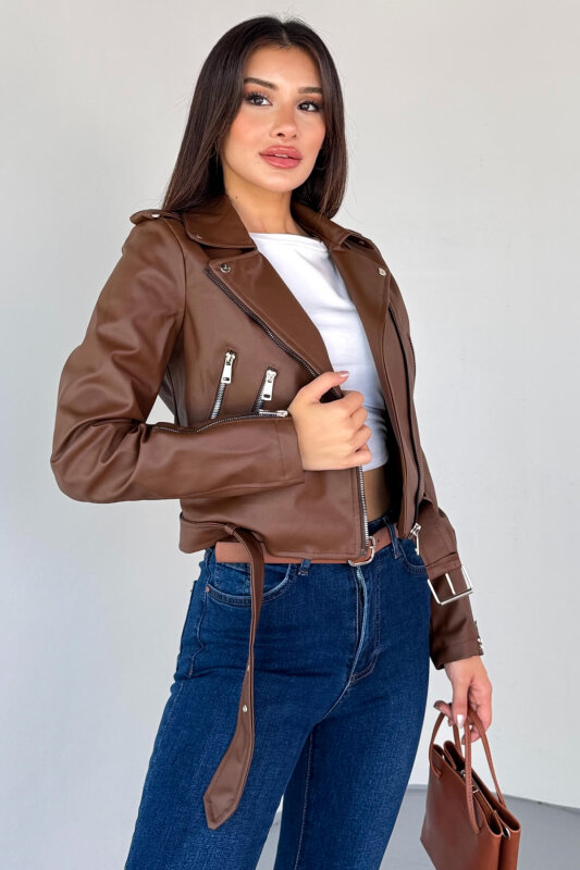 CKT-12047 Taba Suni Deri Kemerli Biker Ceket - 2