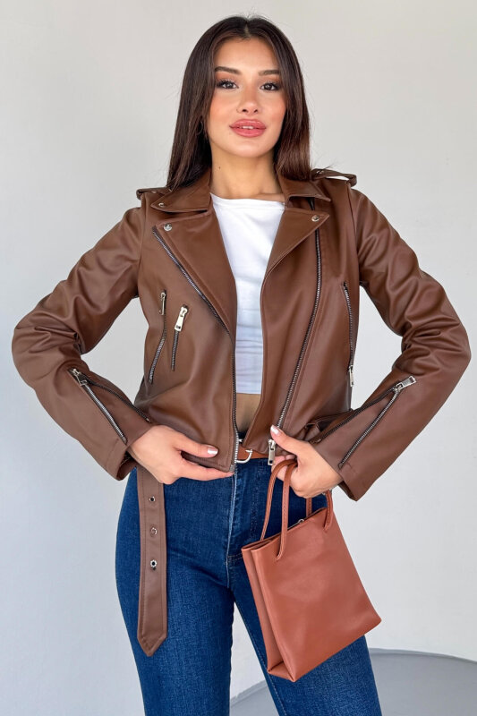 CKT-12047 Taba Suni Deri Kemerli Biker Ceket - 3