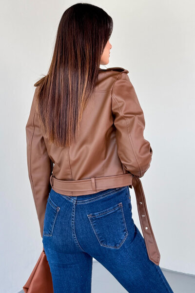 CKT-12047 Taba Suni Deri Kemerli Biker Ceket - 4