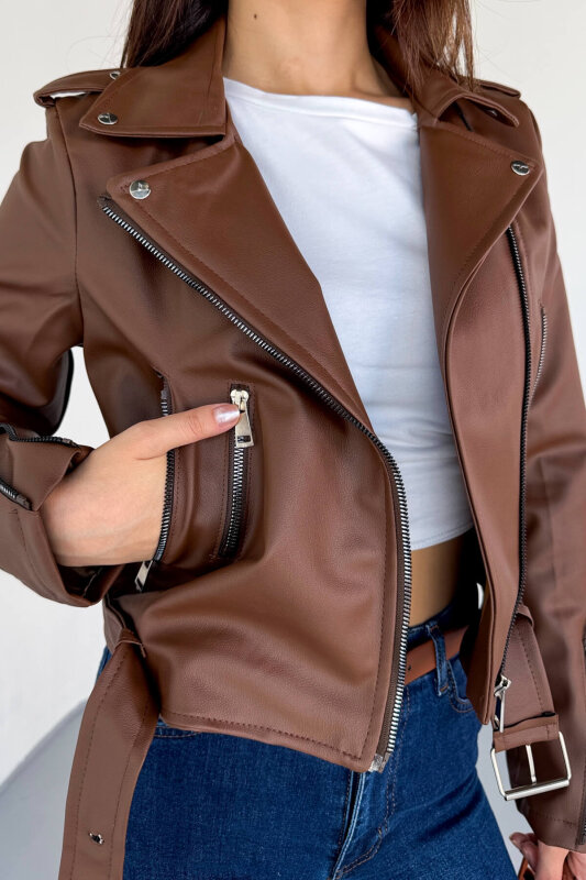 CKT-12047 Taba Suni Deri Kemerli Biker Ceket - 5