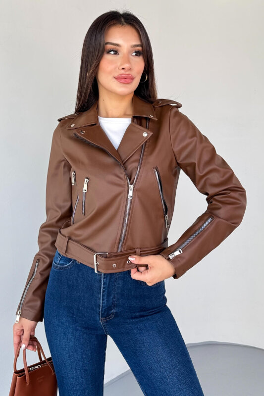 CKT-12047 Taba Suni Deri Kemerli Biker Ceket - 6