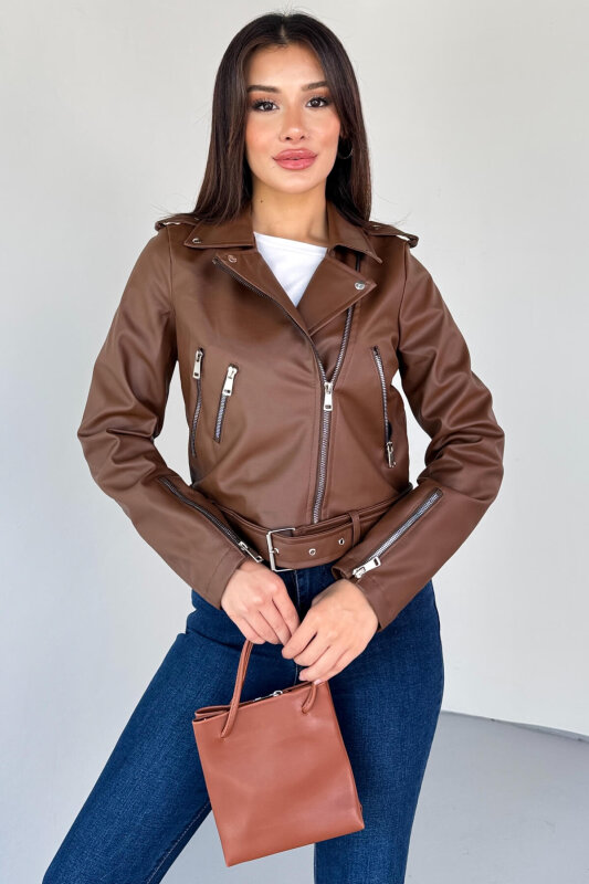 CKT-12047 Taba Suni Deri Kemerli Biker Ceket - 7