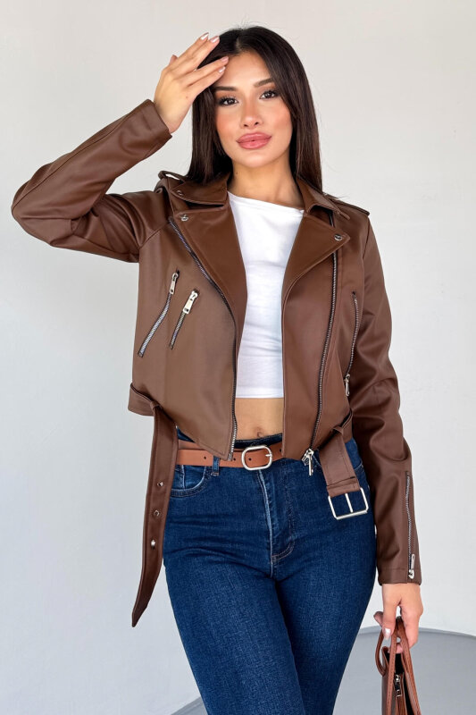 CKT-12047 Taba Suni Deri Kemerli Biker Ceket - 1