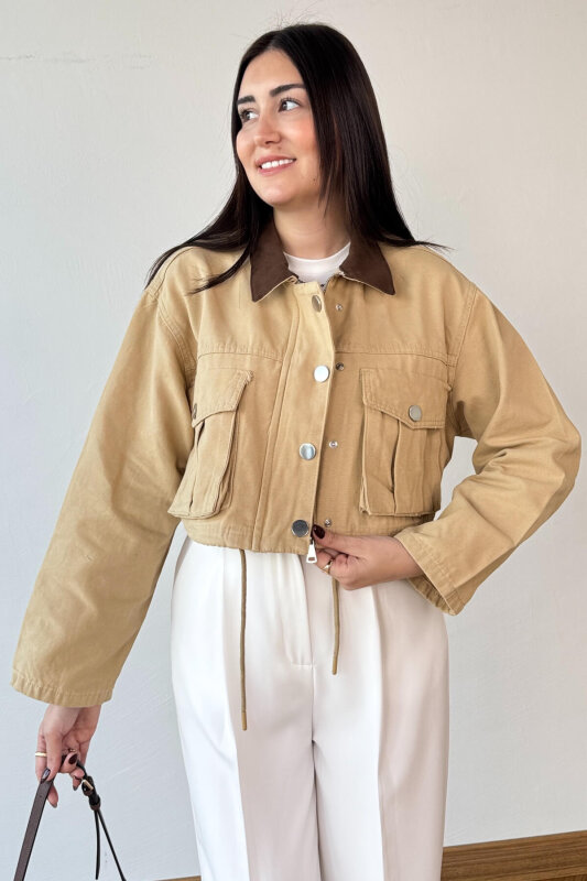 CKT-1239 Bej Kontrast Yaka Torba Cepli Bağlamalı Crop Kot Ceket - 5