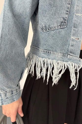 CKT-12433 Açık Mavi Püskül Detaylı Cepli Crop Kot Ceket - 3