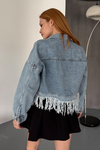 CKT-12433 Açık Mavi Püskül Detaylı Cepli Crop Kot Ceket - 6