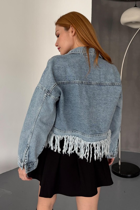 CKT-12433 Açık Mavi Püskül Detaylı Cepli Crop Kot Ceket - 6