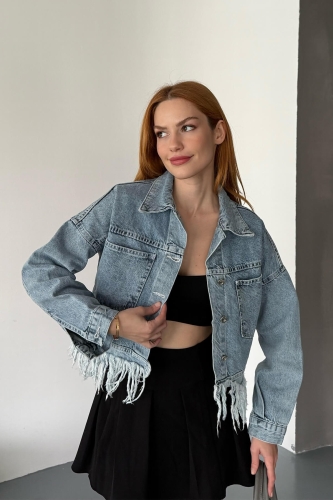 CKT-12433 Açık Mavi Püskül Detaylı Cepli Crop Kot Ceket - 5