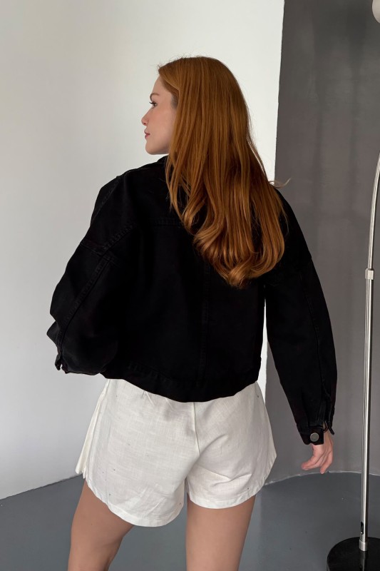 CKT-12434 Siyah Kot Kumaş Cep Detaylı Düğmeli Ceket - 3