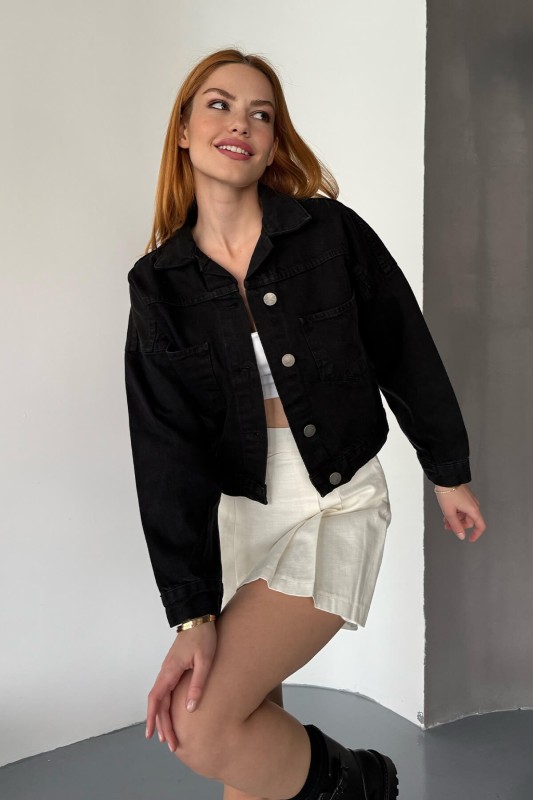 CKT-12434 Siyah Kot Kumaş Cep Detaylı Düğmeli Ceket - 1