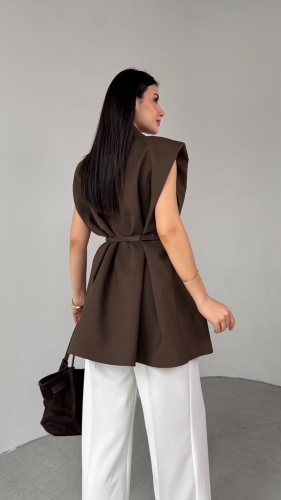CKT-12440  Kahverengi Vatkalı Kruvaze Yaka Tek Düğmeli Yelek - 9
