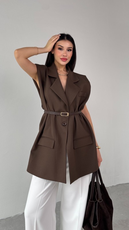 CKT-12440  Kahverengi Vatkalı Kruvaze Yaka Tek Düğmeli Yelek - 4