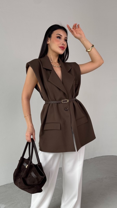 CKT-12440  Kahverengi Vatkalı Kruvaze Yaka Tek Düğmeli Yelek - 1