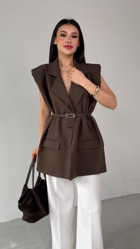 CKT-12440  Kahverengi Vatkalı Kruvaze Yaka Tek Düğmeli Yelek - 3
