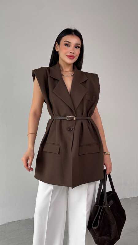 CKT-12440  Kahverengi Vatkalı Kruvaze Yaka Tek Düğmeli Yelek - 5