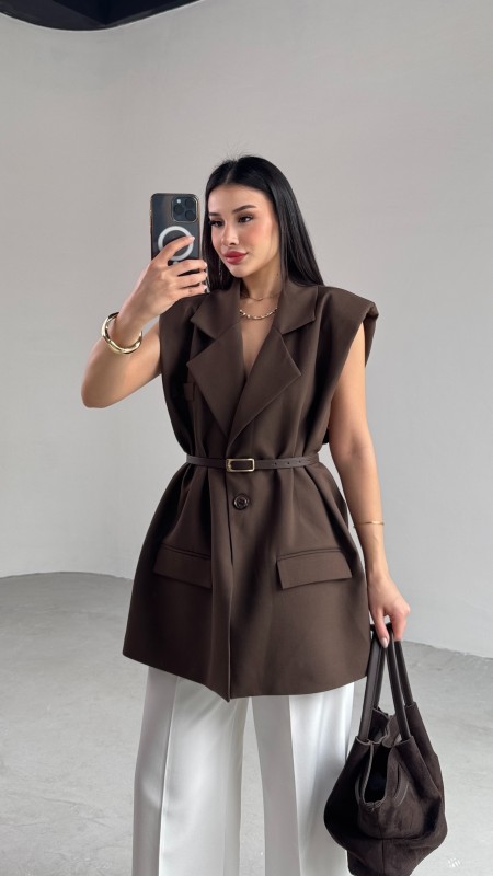 CKT-12440  Kahverengi Vatkalı Kruvaze Yaka Tek Düğmeli Yelek - 6