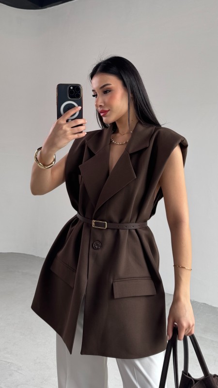 CKT-12440  Kahverengi Vatkalı Kruvaze Yaka Tek Düğmeli Yelek - 7