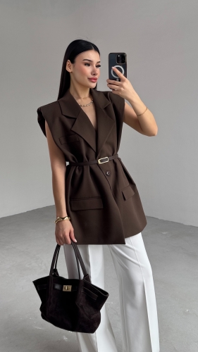 CKT-12440  Kahverengi Vatkalı Kruvaze Yaka Tek Düğmeli Yelek - 8