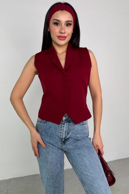 CKT-12442 Bordo Düğme Detay Kruvaze Yaka Astarlı Yelek - 1