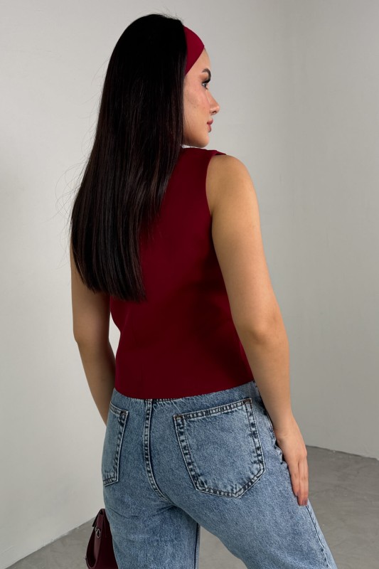 CKT-12442 Bordo Düğme Detay Kruvaze Yaka Astarlı Yelek - 2