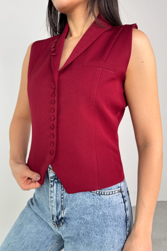 CKT-12442 Bordo Düğme Detay Kruvaze Yaka Astarlı Yelek - 4