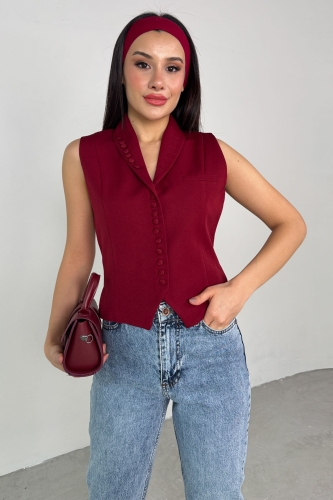 CKT-12442 Bordo Düğme Detay Kruvaze Yaka Astarlı Yelek - 5