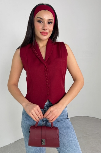 CKT-12442 Bordo Düğme Detay Kruvaze Yaka Astarlı Yelek - 6