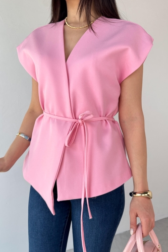 CKT-12448 Pembe Bağlama Detaylı Astarlı Yelek - 3